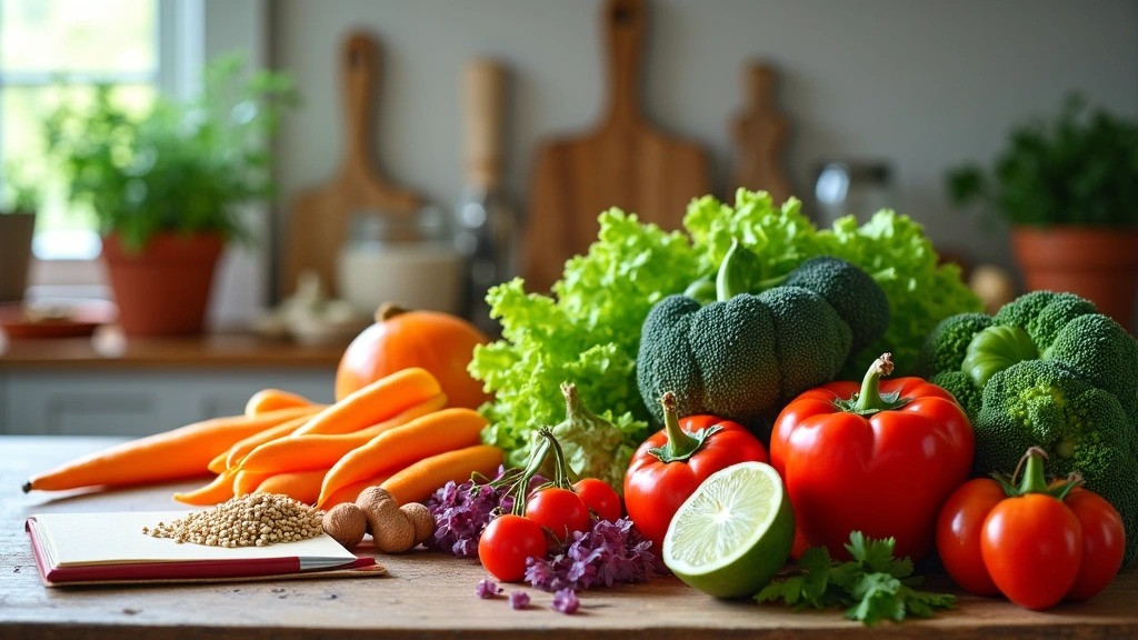 Válogatott friss alapanyagok és egészséges ételek egy konyhai környezetben