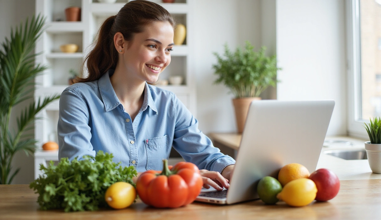Fiatal nő laptop előtt online táplálkozási tanácsadást kap, miközben friss zöldségek és gyümölcsök vannak az asztalon, mosolygós és elégedett arccal.