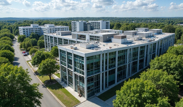 Légifelvétel egy modern épületről, ahol a rendelő található, zöld környezetben